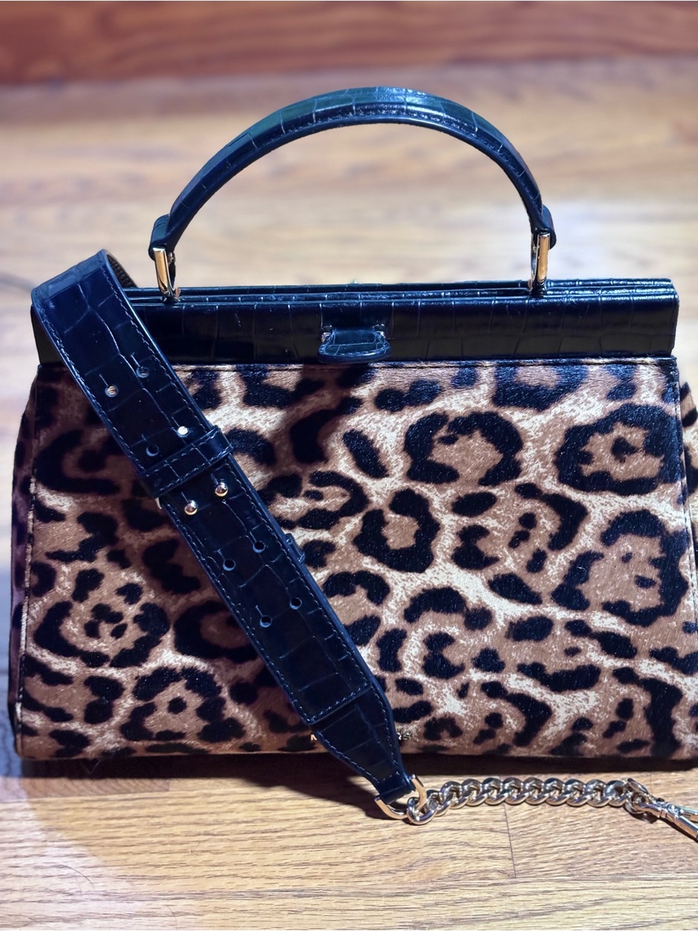 Michael Kors Gramercy Leopard Calf Hair Frame Satchel Crossbody Bag